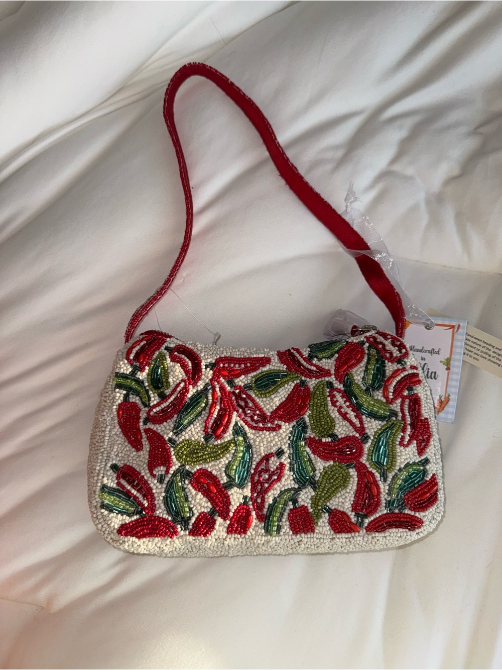 Chili Peppers Beaded Shoulder Bag Handmade in India New With Tags - Picture 2 of 10